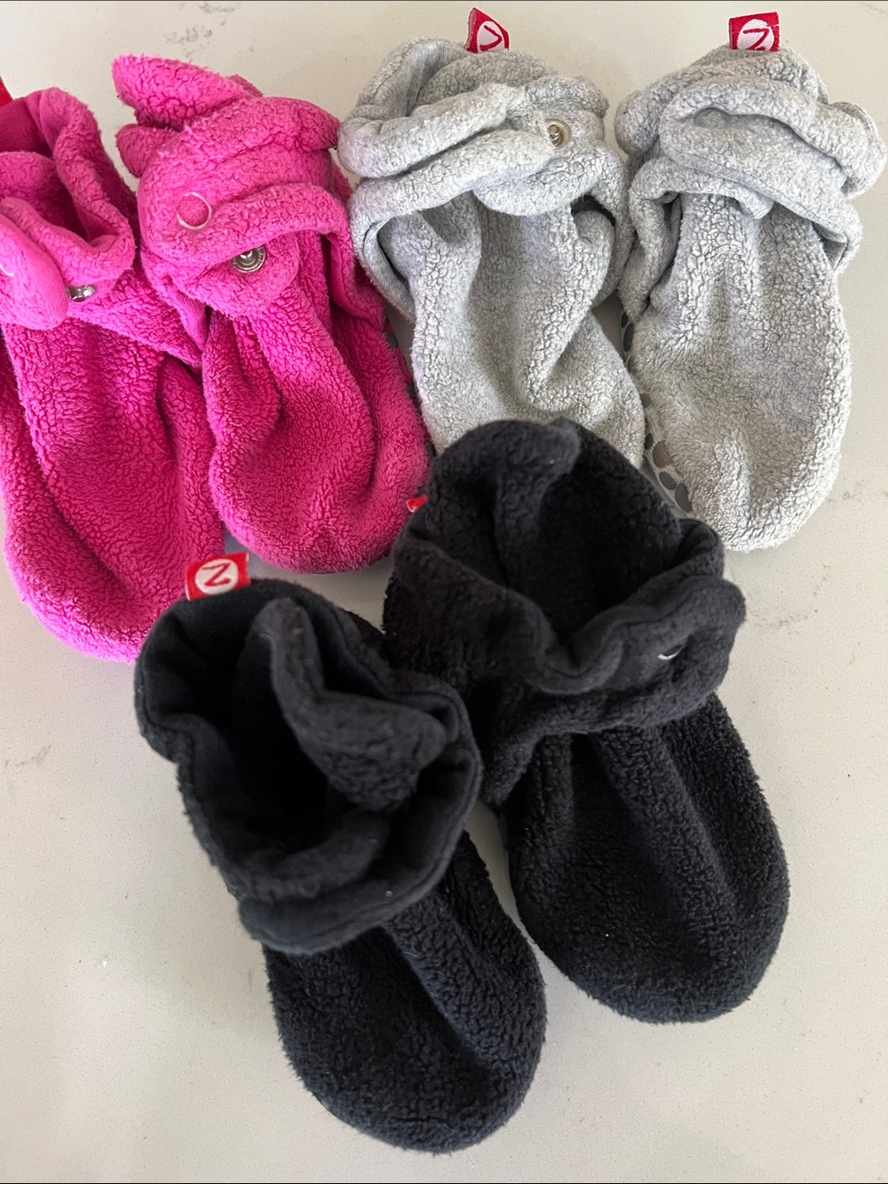 Zutano - 3 pair, 18/24m, fleece sweater booties, snap closure